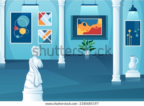 Art Gallery Museum Interior Cartoon Illustration\
Exhibition, Culture, Sculpture and Painting for Some People to See\
it in Flat Style Design