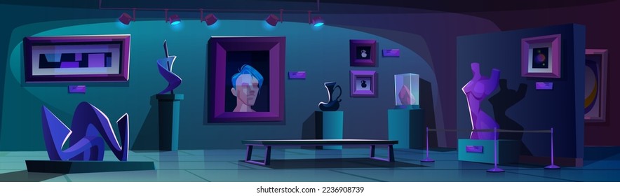 Art gallery, museum at night, dark interior with modern artworks. Contemporary exhibition of abstract paintings, sculpture, vases and statue in muted light illumination. Cartoon vector illustration