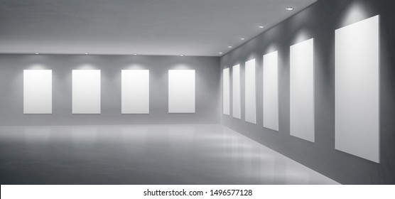 Art gallery or museum, paintings collection presentation, photography contest exhibition hall 3d realistic vector interior with illuminated, blank white photo, picture frames on walls illustration