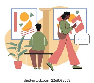 Art gallery or museum visitors. Male and female connoisseurs of contemporary art look at abstract paintings by famous artists at exhibition. Culture and education. Cartoon flat vector illustration