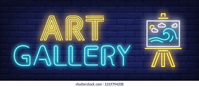 Art Gallery Neon Text And Easel With Picture. Painting And Art Supplies Design. Night Bright Neon Sign, Colorful Billboard, Light Banner. Vector Illustration In Neon Style.