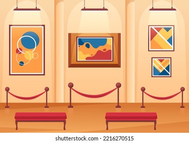 Art Gallery on Museum of Exhibition Visitors Viewing Modern Abstract Paintings at Contemporary and Photo in Flat Cartoon Hand Template Illustration