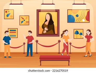 Art Gallery on Museum of Exhibition Visitors Viewing Modern Abstract Paintings at Contemporary and Photo in Flat Cartoon Hand Template Illustration