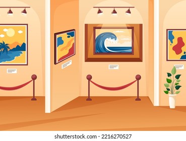 Art Gallery on Museum of Exhibition Visitors Viewing Modern Abstract Paintings at Contemporary and Photo in Flat Cartoon Hand Template Illustration