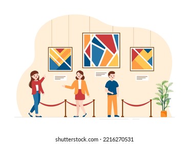 Art Gallery on Museum of Exhibition Visitors Viewing Modern Abstract Paintings at Contemporary and Photo in Flat Cartoon Hand Template Illustration