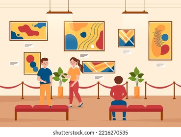 Art Gallery on Museum of Exhibition Visitors Viewing Modern Abstract Paintings at Contemporary and Photo in Flat Cartoon Hand Template Illustration