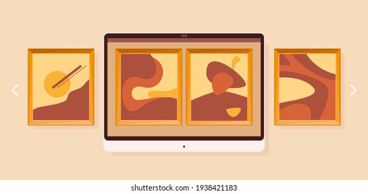 Kunstgalerie auf dem Bildschirm im flachen Stil. Konzept des Online-Museums. Vektordesign 