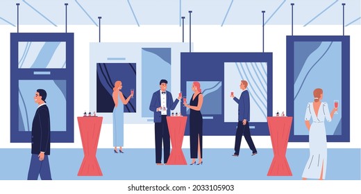 Art gallery opening day composition with hanging pictures and characters of celebrities having stand up meal vector illustration
