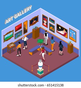 Art gallery with paintings, exhibits on pedestals, benches for visitors on blue background isometric vector illustration