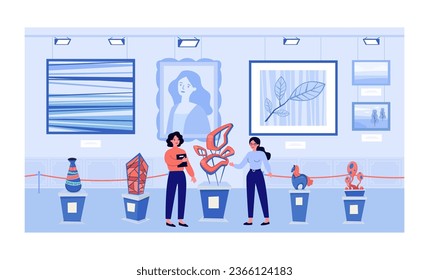 Art gallery with paintings and sculptures vector illustration. Cartoon drawing of exhibition curator and visitor, artworks in frames on wall, sculptures on pedestals. Art, interior concept