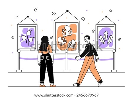 Art gallery people linear. Man and woman walking at exhibition and museum with paintings and pictures. Cultural rest and leisure. Doodle flat vector illustration isolated on white background
