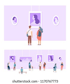 Art gallery. People looking at paintings at exhibition. Flat style vector illustration. 