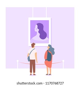 Art Gallery. People Looking At Paintings At Exhibition. Couple In Museum. Flat Style Vector Illustration. 