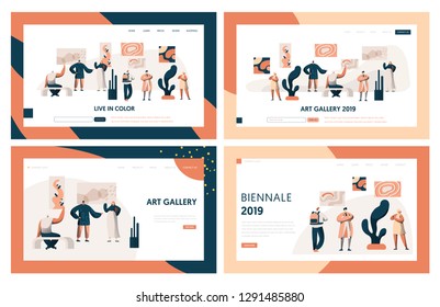 Art Gallery People Visitor Landing Page Set. Man Character in Museum Exhibition Looking to Artwork on Wall. Drawing Public Exposition Concept for Website or Web Page Flat Cartoon Vector Illustration