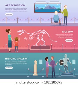 Art gallery. People walking in museum looking on paintings and statues in exhibition vector horizontal banners