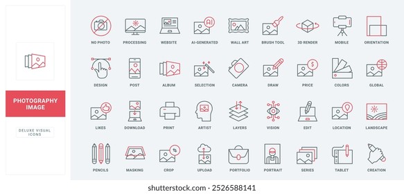 Erstellung von Kunstgalerie und Fotoinhalten mit KI und Grafikeditor, Ort und Likes von Social Media Post Line Icon-Set. Künstler Vision, Anzeige dünnen schwarzen und roten Umrisssymbole Vektorgrafik