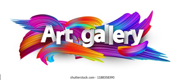 Art gallery poster with spectrum brush strokes on white background. Colorful gradient brush design. Vector paper illustration.