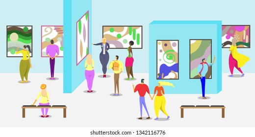 Art gallery poster web banner template, vector illustration. Museum or art gallery exhibition interior with people viewing modern abstract art painting collection on walls.