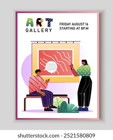 Art gallery poster. Woman and man looks at paintings. Visitor at exhibition. Art and creativity. Cultural rest and leisure. Contemporary artwork. Social media cover. Flat vector illustration