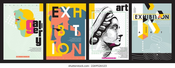 Art gallery posters collection for artistic exhibition. Creative minimalist flyers and banners with antique statue drawings and vector illustrations. Graphic design templates.