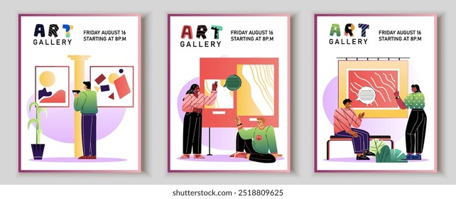 Art gallery posters set. Men and women looking at paintings with abstract figures. Museum and gallery visitors. Cultural recreation and leisure. Flat vector illustration isolated on grey background