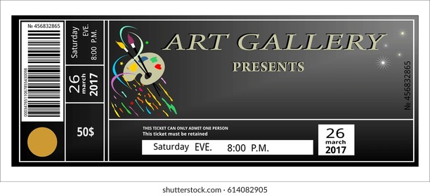 art gallery ticket, art brush, entry museum event coupon excursion. Admit one