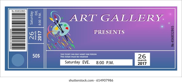 art gallery ticket, art brush, entry museum event coupon excursion. Admit one