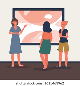 Art Gallery Tour Guide Telling Two Museum Visitors About Artwork, Cartoon Women At Culture Exhibition Looking At Abstract Painting, Flat Cartoon Vector Illustration