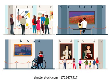 Art gallery with visitor set. Man and woman enjoying artwork exhibition. Abstract, classic, natural painting in canvas hanged on wall. People admire excursion at museum. Cultural activity