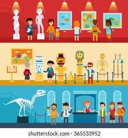 Art gallery visitors and antique museum of paleontology flat banners abstract isolated vector illustration. People look at the exhibition with guide, children go to excursion  infographic elements