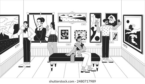 Art gallery visitors black and white line illustration. Multinational people enjoying famous paintings 2D characters monochrome background. Crowded museum with artworks outline scene vector image