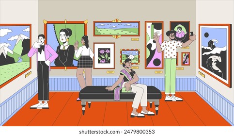 Art gallery visitors cartoon flat illustration. Multinational people enjoying famous paintings 2D line characters colorful background. Crowded museum with artworks scene vector storytelling image