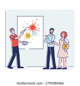 Art gallery visitors looking at modern artist creating new artwork. Male creator painting on exhibition in art center or museum. Modern installation or workshop. Linear vector illustration