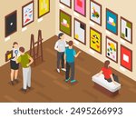 Art gallery. Visitors looking on creative artworks. Museum exposition or flash mob. Indoor exhibition, creativity and design. Flawless vector isometric scene