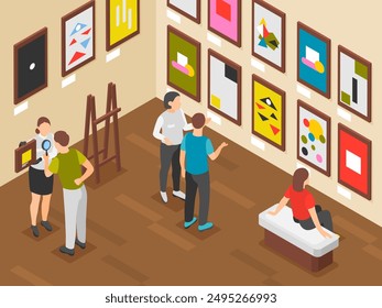 Art gallery. Visitors looking on creative artworks. Museum exposition or flash mob. Indoor exhibition, creativity and design. Flawless vector isometric scene