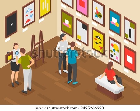 Art gallery. Visitors looking on creative artworks. Museum exposition or flash mob. Indoor exhibition, creativity and design. Flawless vector isometric scene