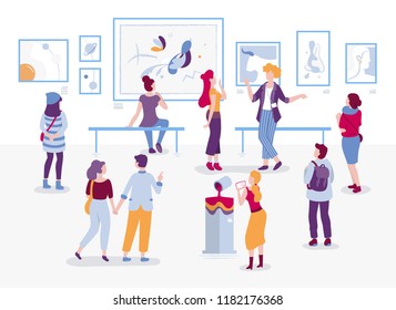 Art gallery with visitors looking at paintings vector flat illustration. People at the exhibition cartoon characters in modern art style. Men and women tourists and guide at the museum of arts.