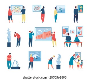 Art gallery visitors looking at paintings, people in museum exhibition. Characters admiring or taking photo of painting or sculpture vector set. Man and woman watching modern and classical exhibits