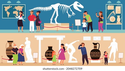 Art gallery visitors. Museum visitor, people on exhibit. Tourist looking painting artworks, dino skeleton and sculptures. Exhibitions decent vector background