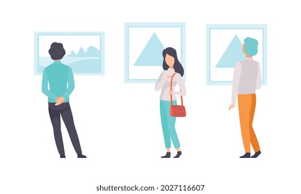 Art Gallery with Visitors, People Looking Abstract Paintings Hanging on Wall at Exhibition Flat Vector Illustration