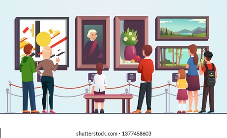 Art gallery visitors people man, woman, kid, couple and family looking at painting artwork pieces while sitting, walking, and standing at museum artwork. Flat vector character illustration