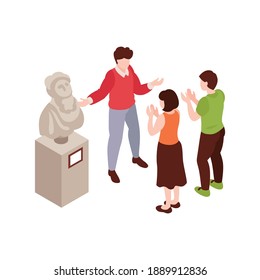 Art gallery visitors sculptor and his statue 3d isometric vector illustration