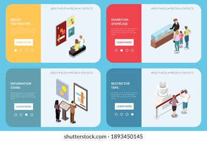 Art gallery web banners with bench for visitors information stand restrictive tape exhibition showcase isometric compositions vector illustration