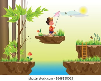 Art game scene with grass platforms, ladder, happy running male character who catches butterflies with a butterfly net.