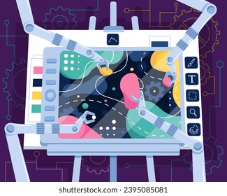 Art Generated by AI. Top view of robotic hands drawing artwork on digital tablet. New modern technologies and artificial intelligence. Creative robot draws picture. Cartoon flat vector illustration