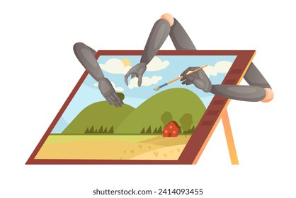 Art generated by artificial intelligence vector illustration. Cartoon arms of robot with brush drawing image on tablet screen, AI automated work instead of human artist to generate digital content