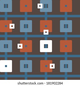 Geometrisches, nahtloses Muster von Kunstwerken in Braun-, Blau- und Rottönen