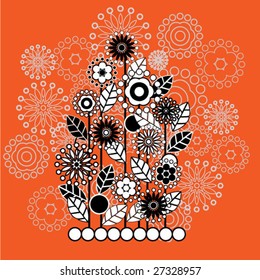 art geometric stylized tree with black and white graphic flowers, deco ornament pattern, vector