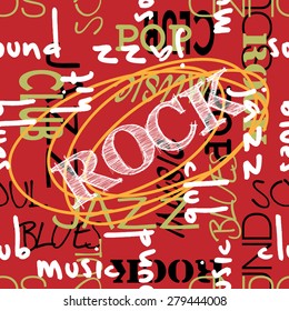 art graffiti seamless pattern with music word, red, white and black vector background