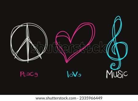 art graffiti style slogan, Peace Love Music - inspirational hand drawn brush ink lettering with colorful cartoon symbols for shirt sweatshirt  poster,